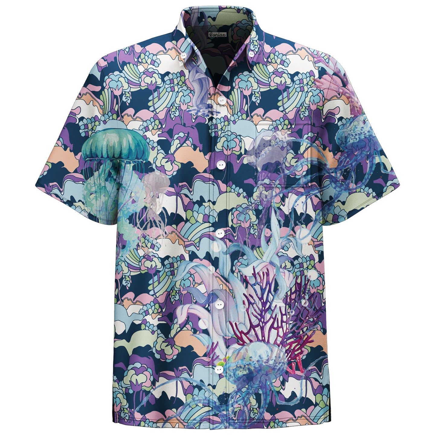 Jellyfish Seaweed Print Short Sleeve Shirt - Bonlax