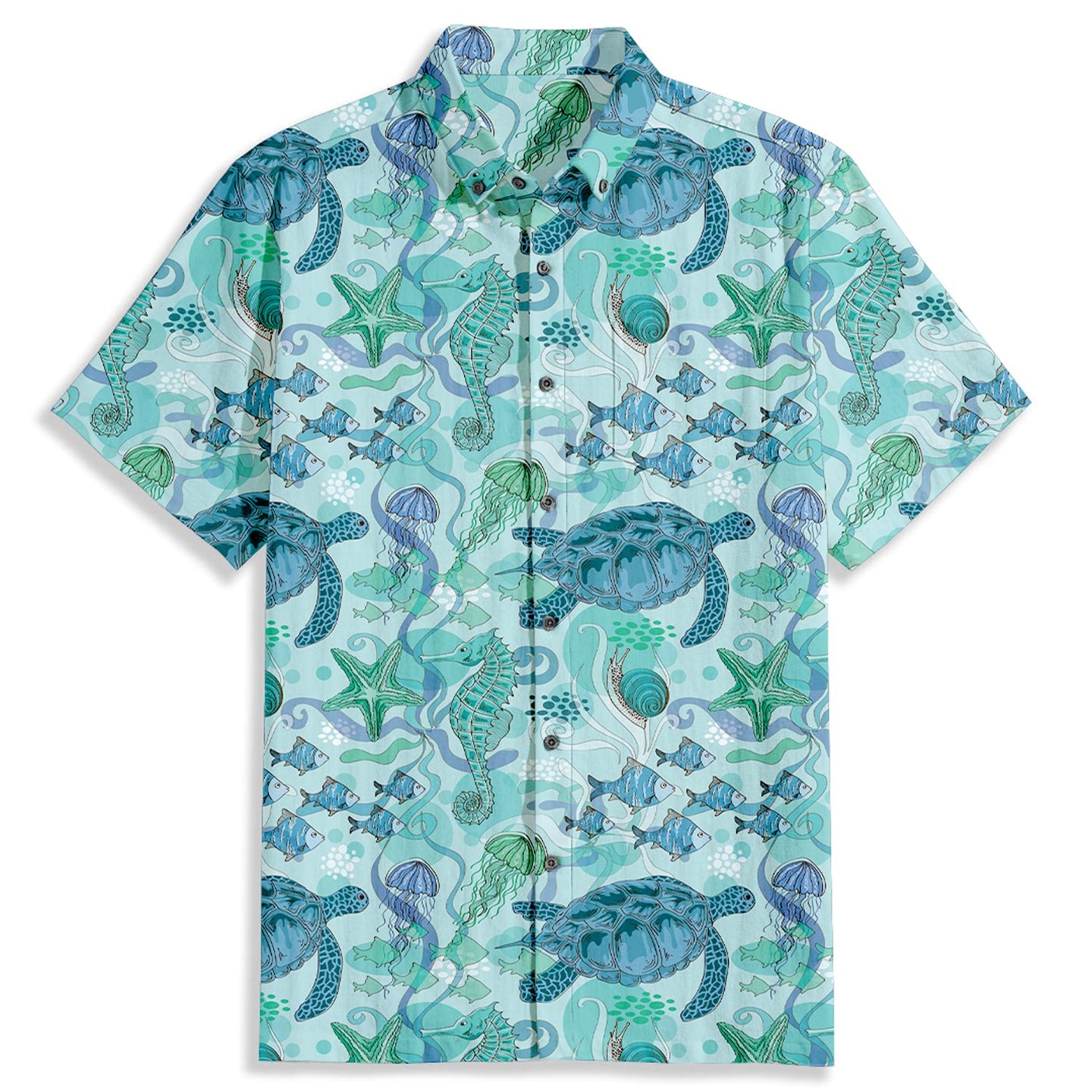 Sea Turtle Jellyfish Print Short Sleeve Shirt - Bonlax