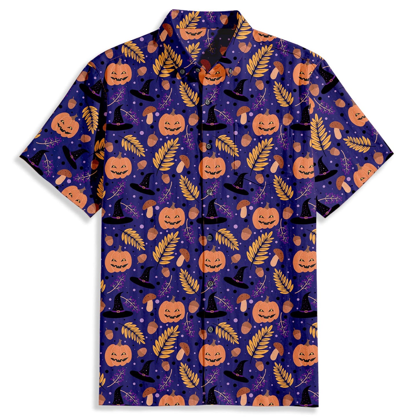 Halloween Pumpkin Leaf Print Short Sleeve Shirt - Bonlax