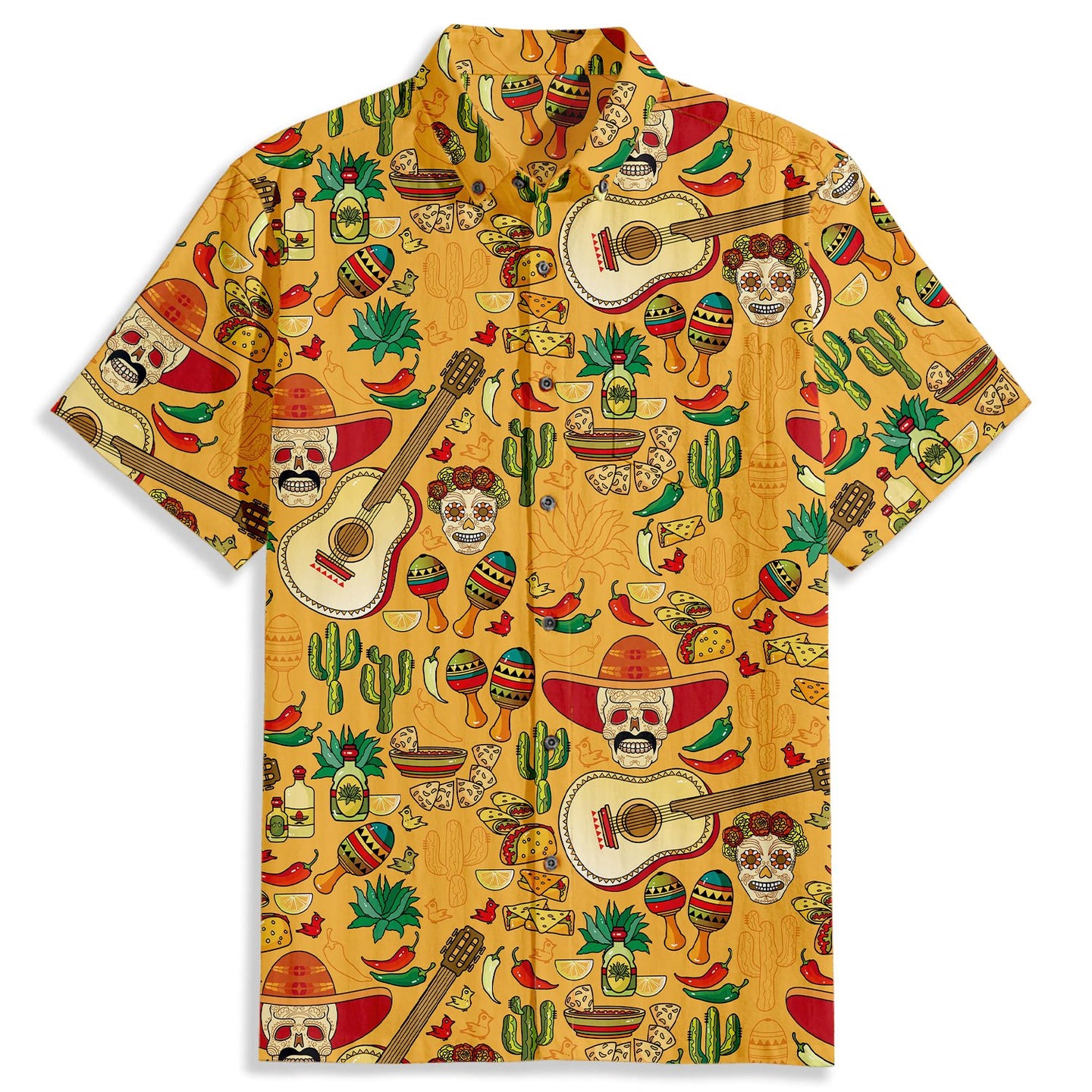 Guitar Skull Print Short Sleeve Shirt - Bonlax