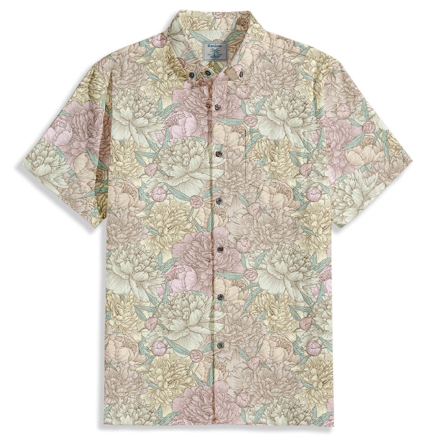 Peony Leaves Print Short Sleeve Shirt - Bonlax