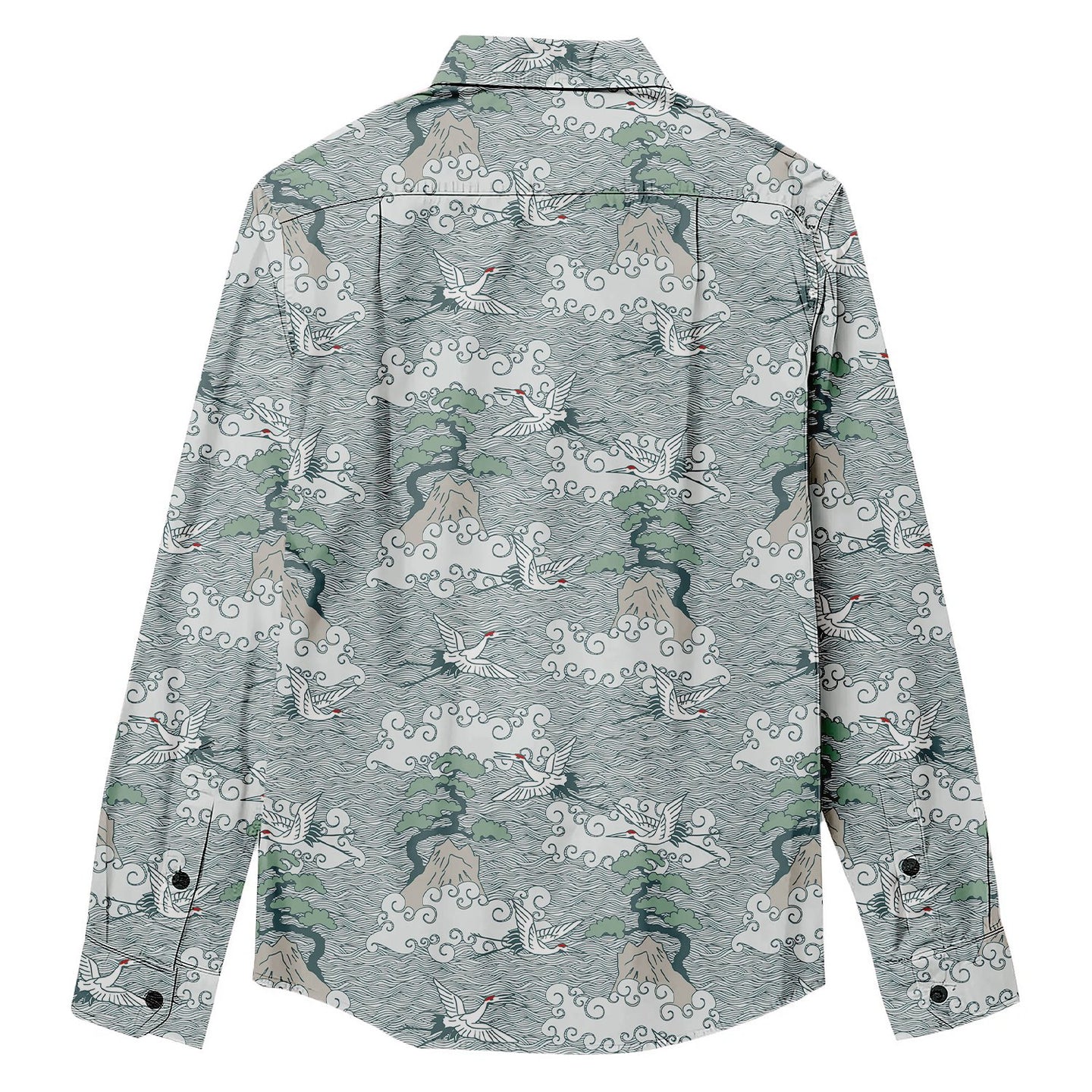 Crane & Waves Print Long Sleeve Shirt - Bonlax